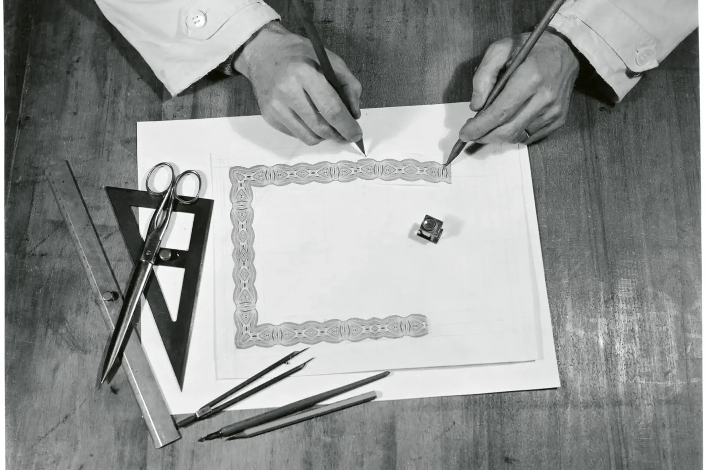 A designer drawing a security border, from the Orell Füssli archive